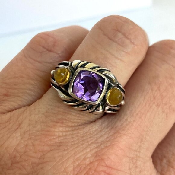 Sterling Silver 925 Cushion Cut Amethyst Double Citrine Wide Band Ring Sz 6.5 - Picture 1 of 16